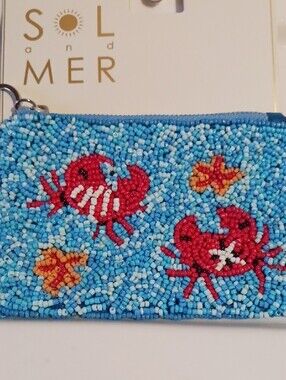Adorable! Blue Beaded Crab 🦀Coin Purse with Red Tassel & Silver Clip 🦀